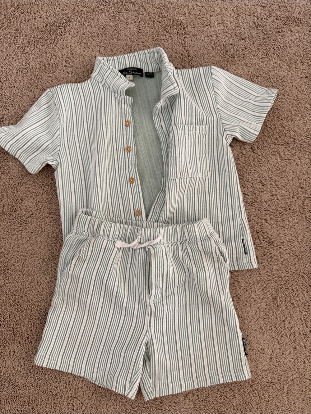 Ben Sherman Light Green and White Striped Short-Sleeve Button-Down Set